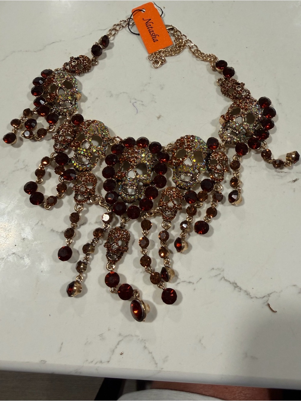 Natasha Couture Gold-Tone Garnet Crystal Skull Chandelier Necklace